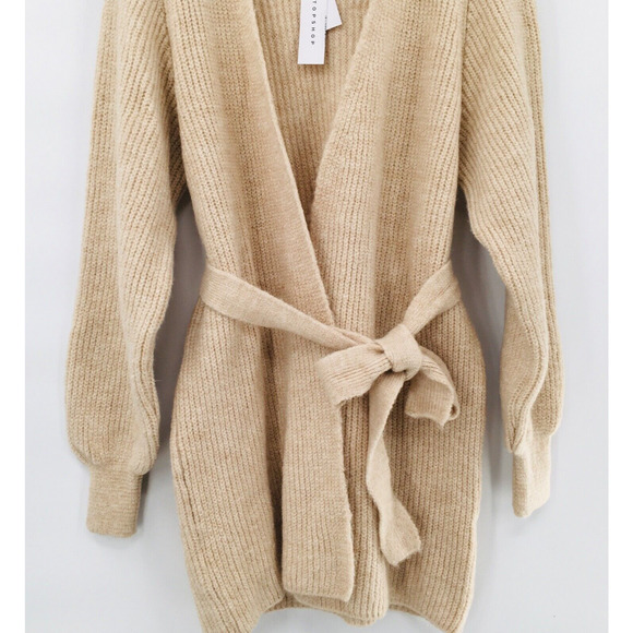 Topshop Cardigan Sweater Beige Belted Long Sleeve Cable Knit Long NEW - Picture 5 of 10